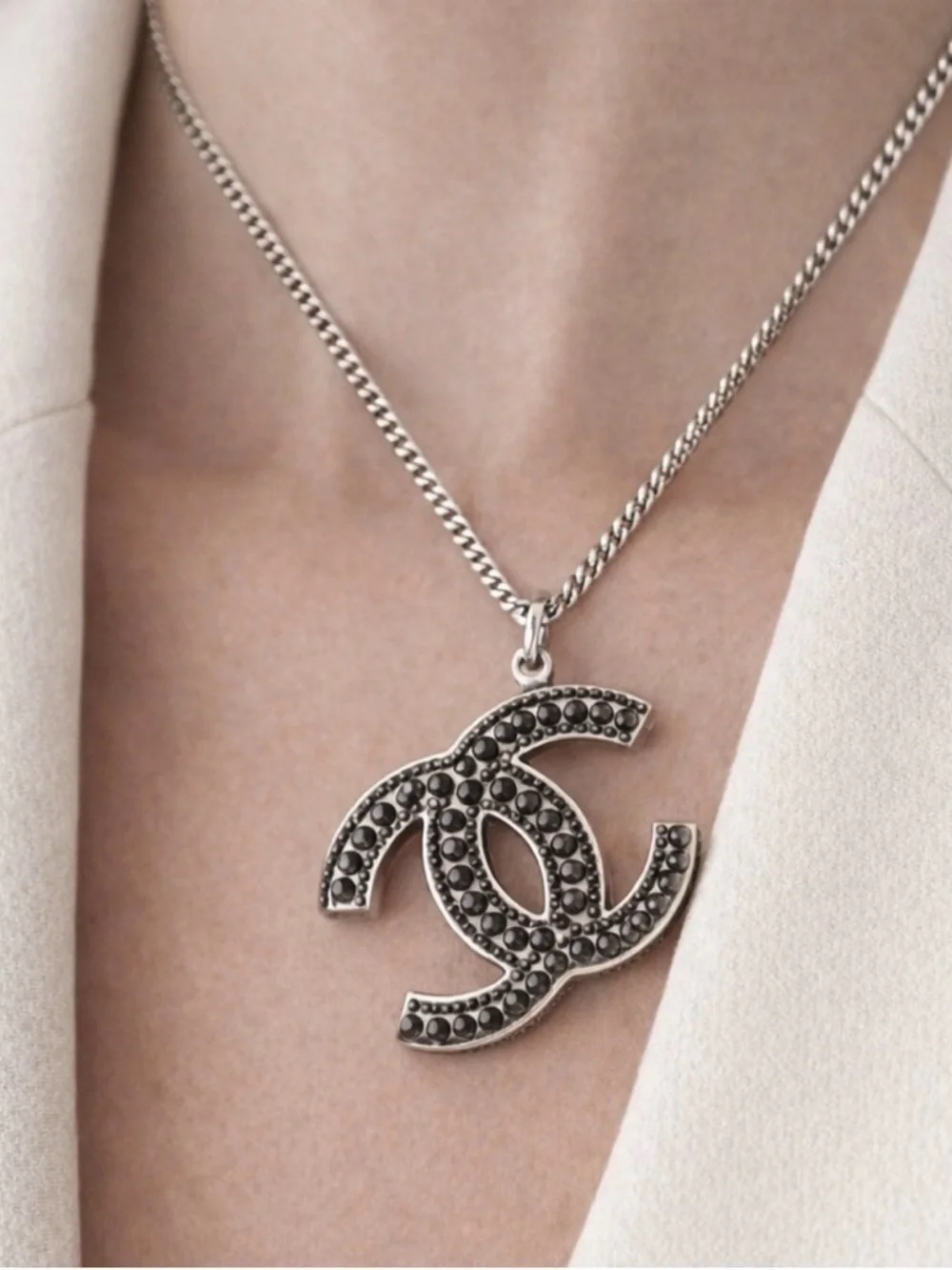 Chanel Silver and Black Rhinestone Pendant Necklace - Picture 1 of 12